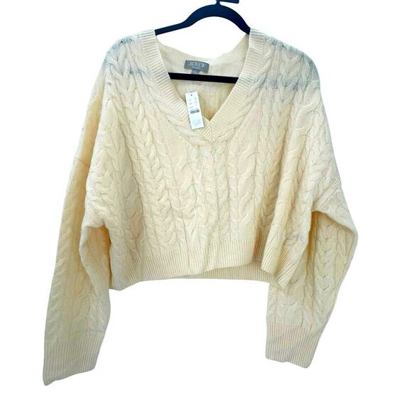 J. Crew Cashmere Cropped Cable-Knit V-Neck Sweater Long Sleeve Cream Size L NWT - Picture 5 of 12